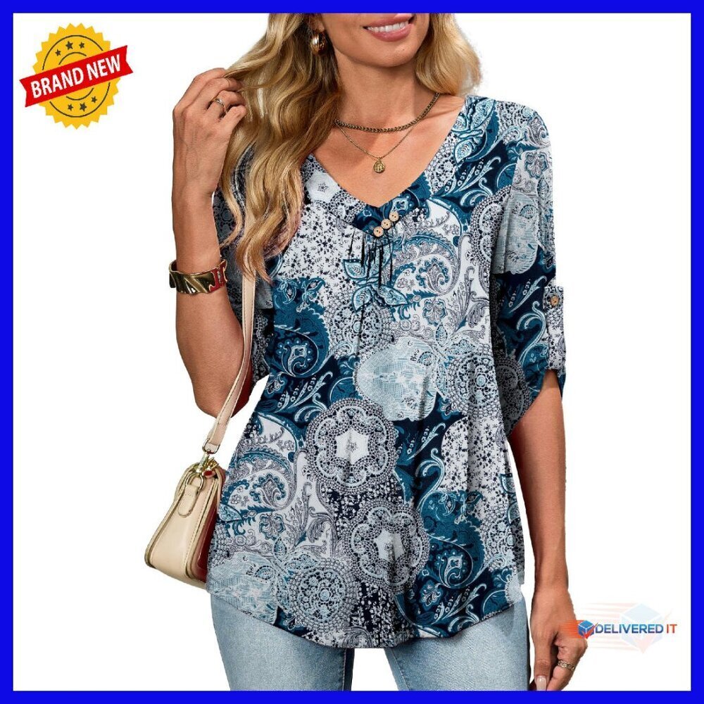 Plus Size 3/4 Sleeve V-Neck Tunic Blouse Soft Stretch Material